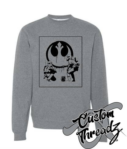 gunmetal heather crewneck sweatshirt with rebel alliance stormtroopers star wars DTG printed design