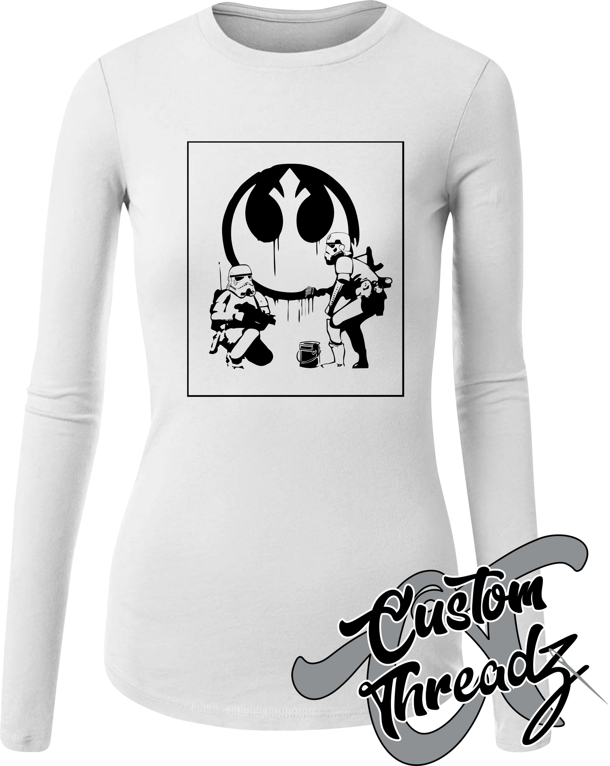 white womens long sleeve tee with stormtrooper rebel alliance start wars DTG printed design