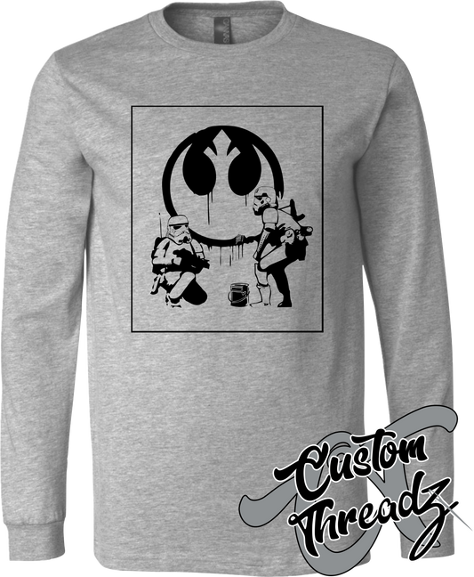 athletic heather grey long sleeve tee with rebel alliance star wars stormtroopers DTG printed design