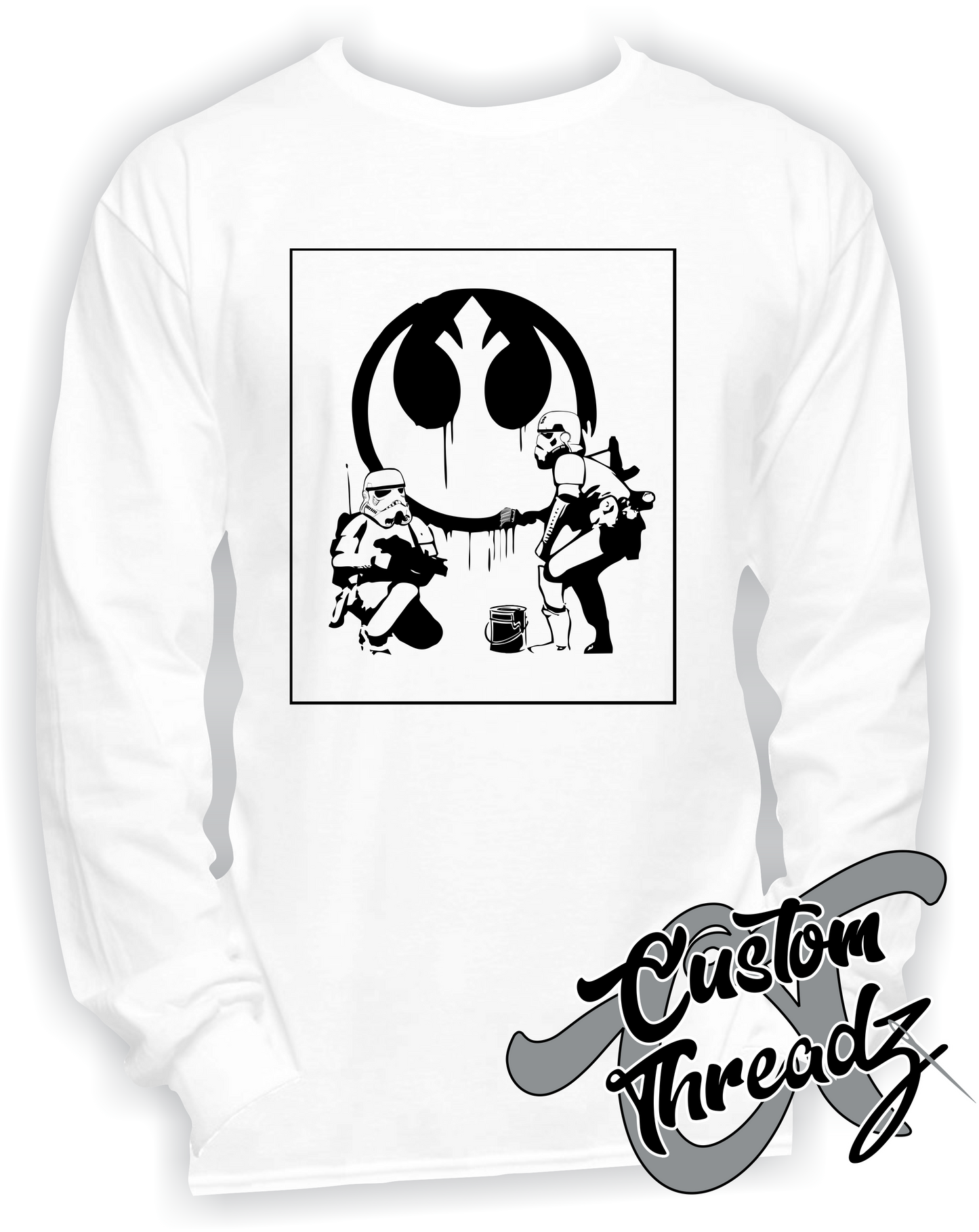 white long sleeve tee with rebel alliance star wars stormtroopers DTG printed design