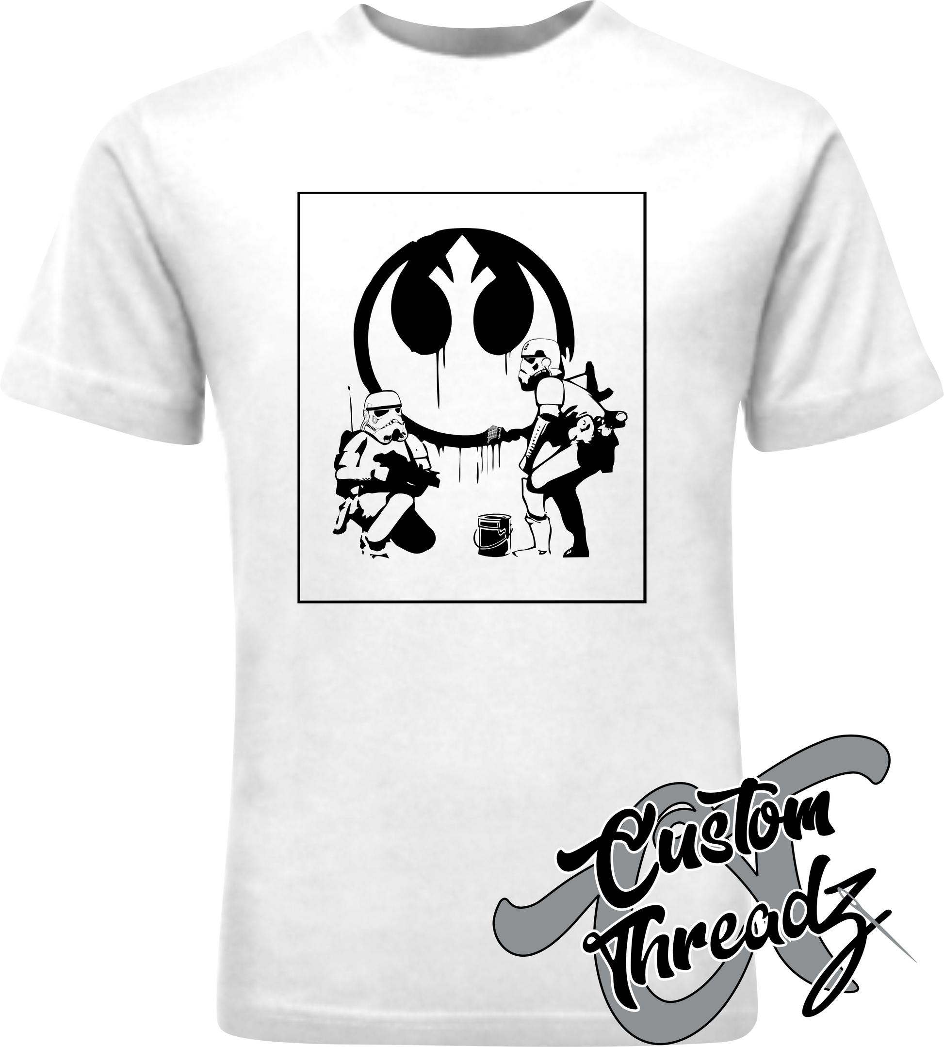 white tee with rebel alliance star wars stormtroopers DTG printed design