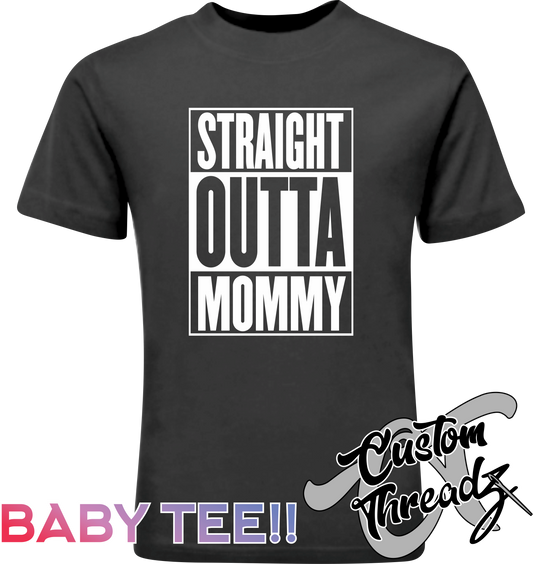 black infant tee with straight outta mommy DTG printed design