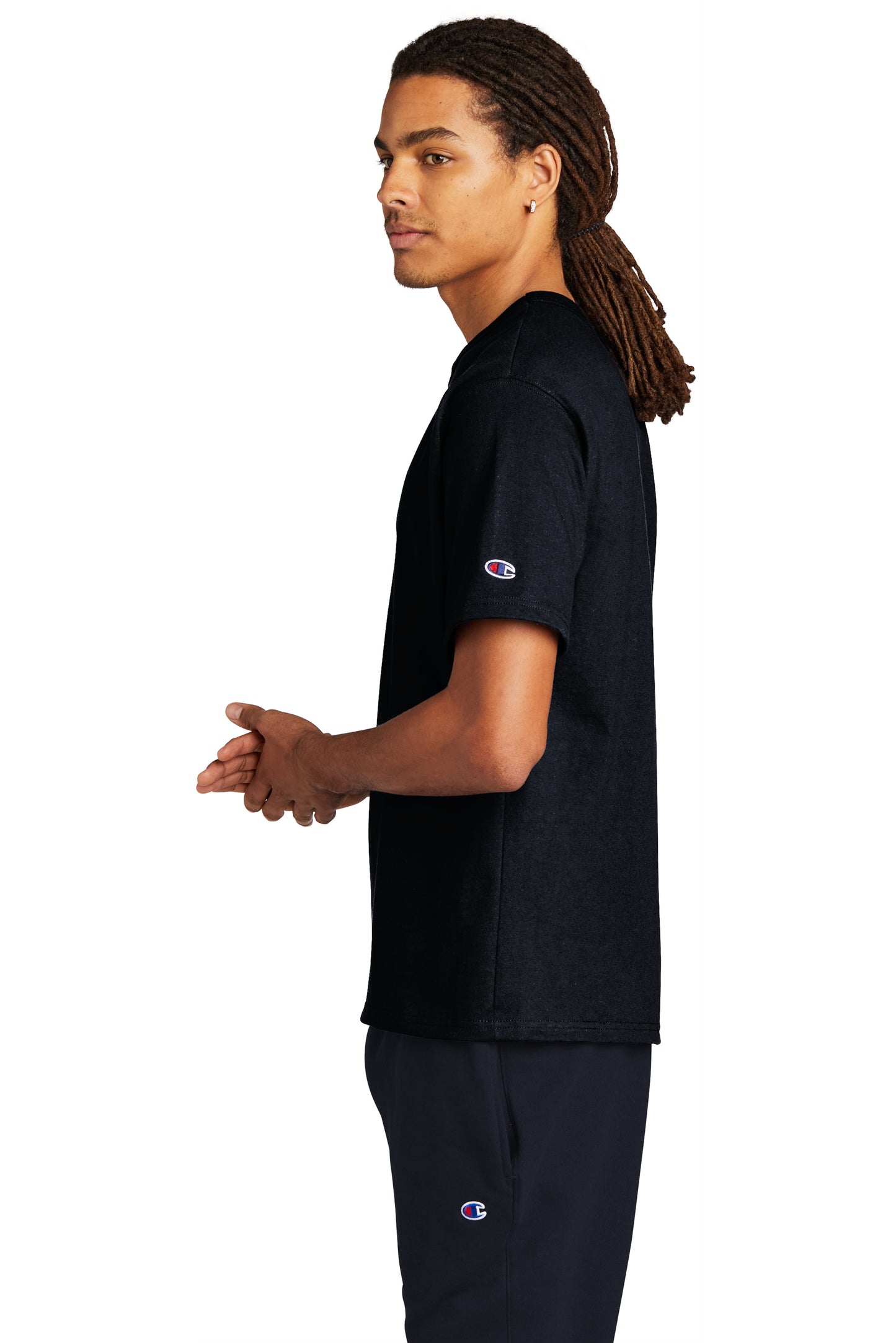 model wearing champion adult heritage jersey tee in navy