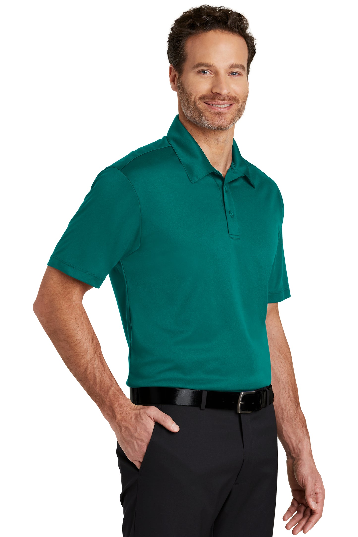 model wearing port authority tall silk touch performance polo in teal green
