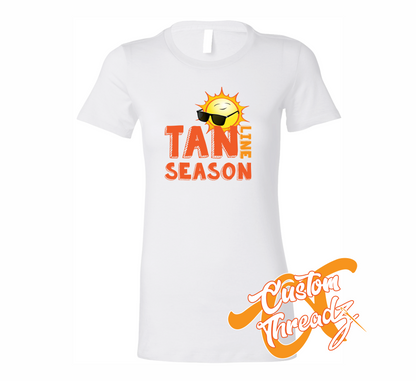 white womens tee with tan line season sun with sunglasses DTG printed design