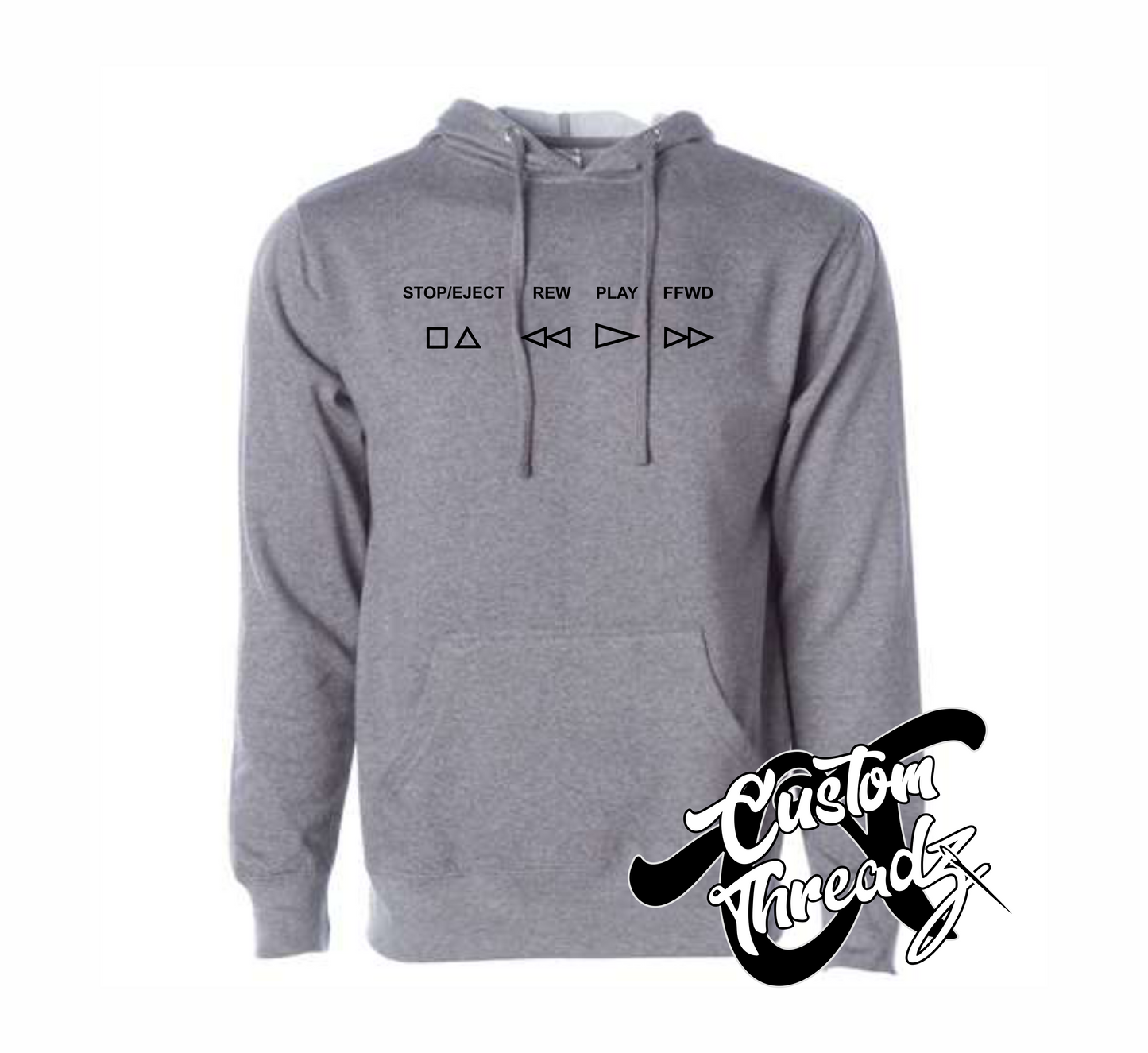 gunmetal grey hoodie with VCR buttons stop eject rew play ffwd DTG printed design
