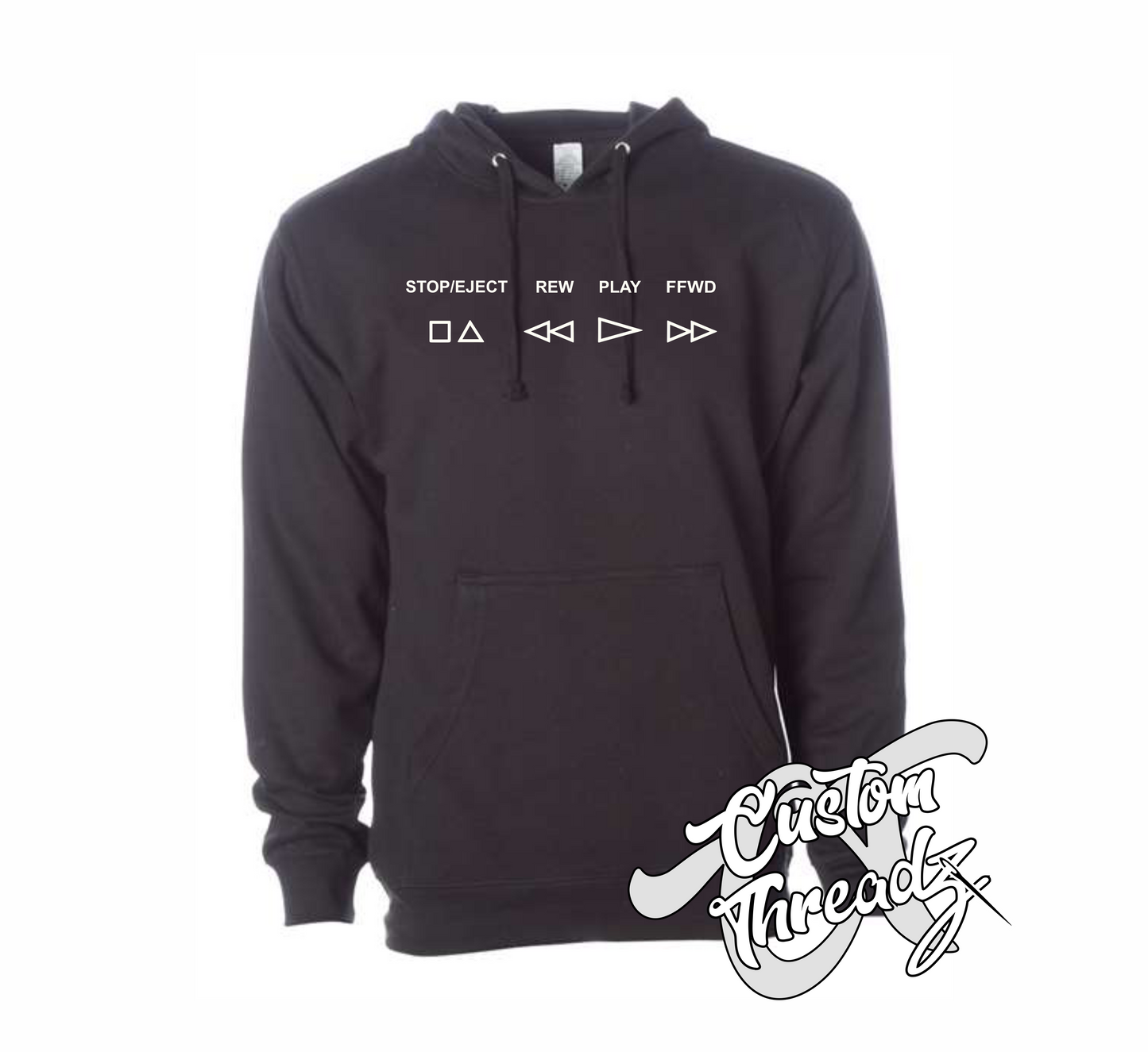 black hoodie with VCR buttons stop eject rew play ffwd DTG printed design