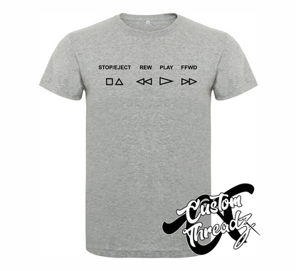 athletic heather grey tee with VCR buttons stop/eject rew play ffwd DTG printed design
