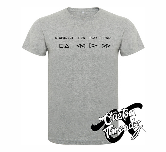 ahtletic heather grey youth tee with VCR buttons stop eject rew play ffwd DTG printed design