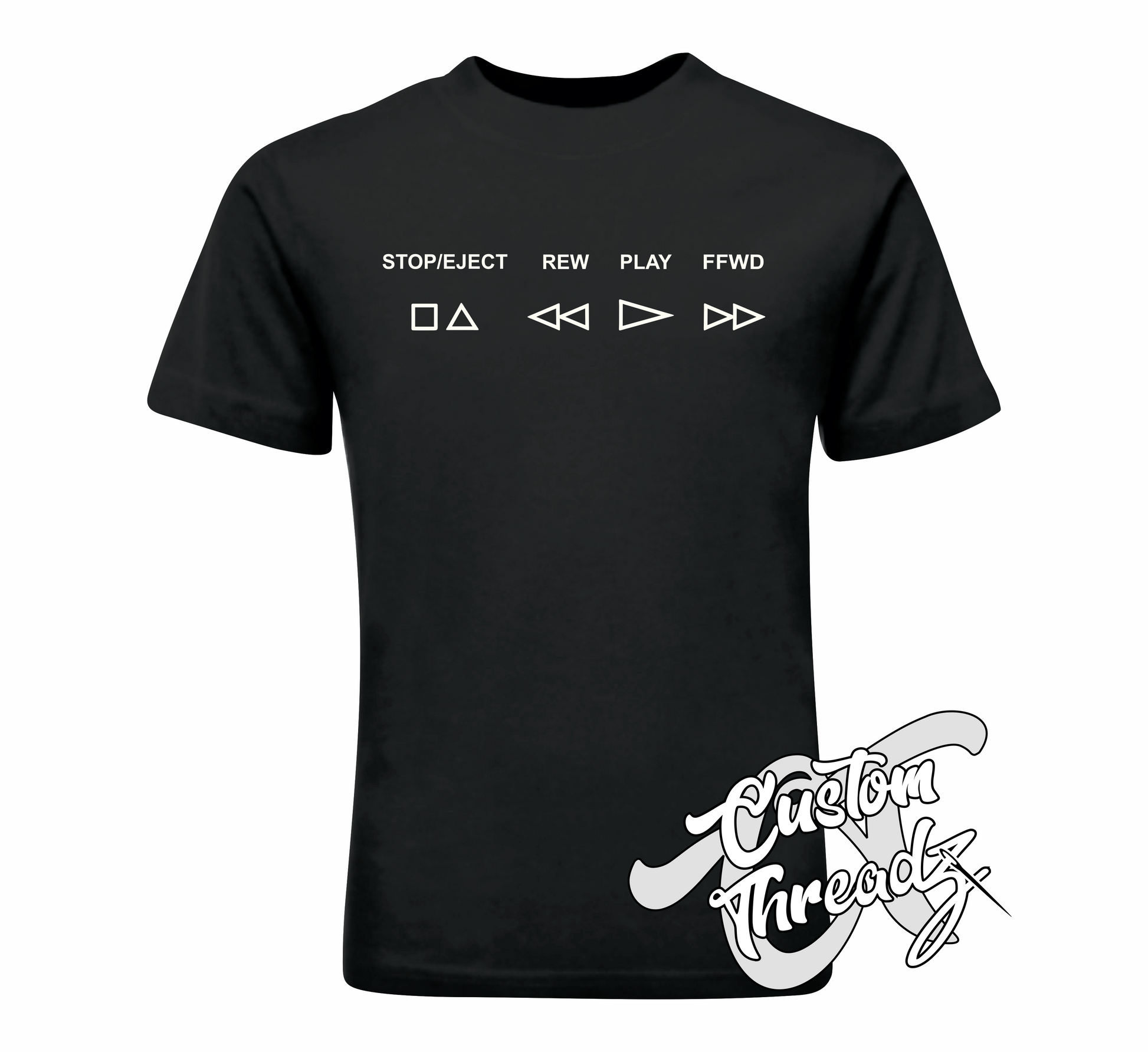 black tee with VCR buttons stop/eject rew play ffwd DTG printed design