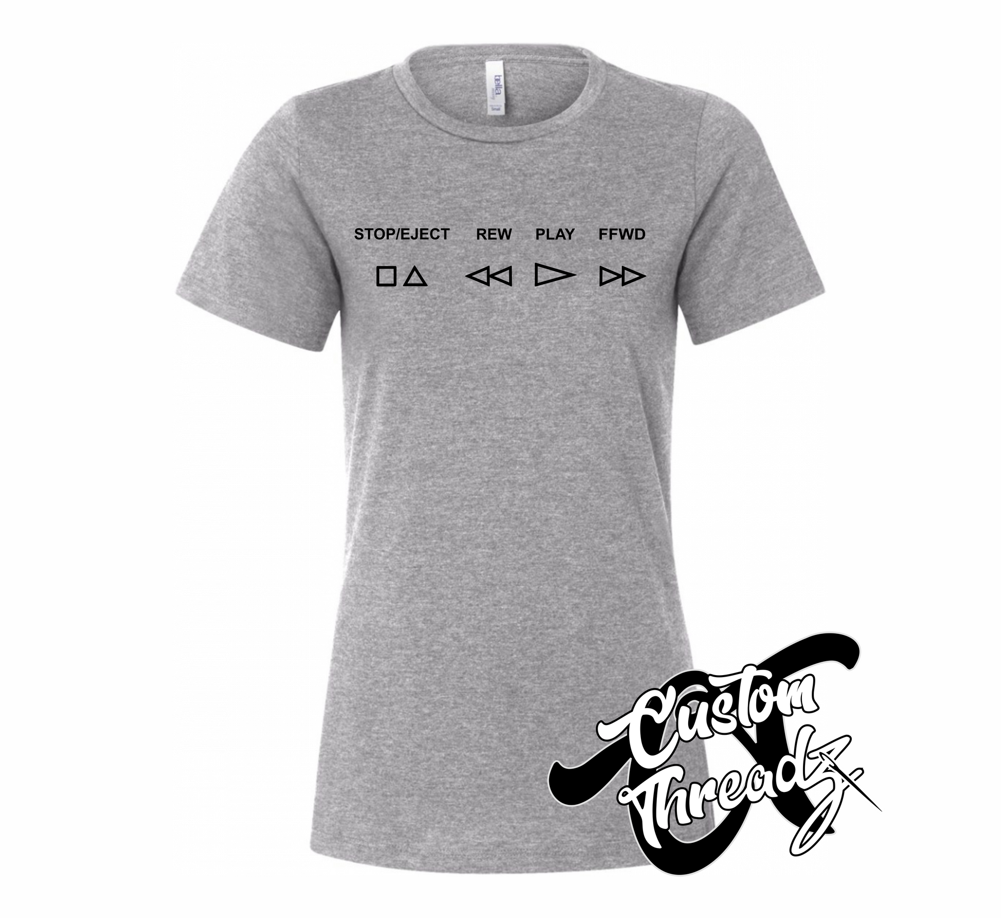 athletic heather grey womens tee with VCR button stop eject rew play ffwd DTG printed design
