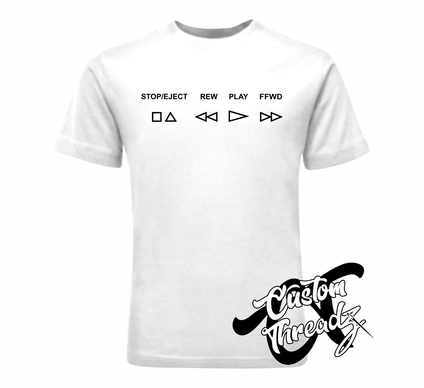 white tee with VCR buttons stop/eject rew play ffwd DTG printed design