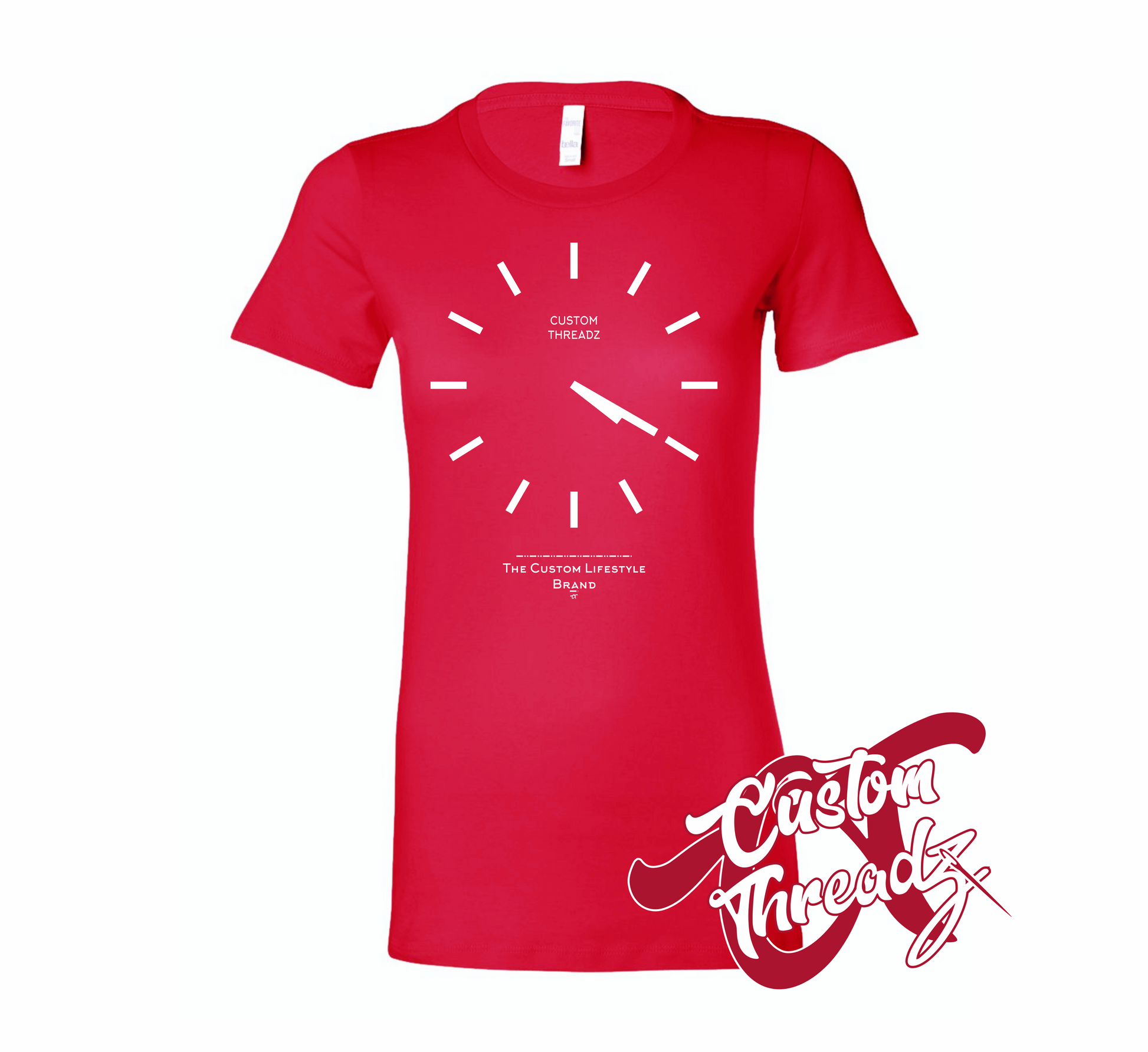 red womens tee with basic analog clock set to 4 20 DTG printed design