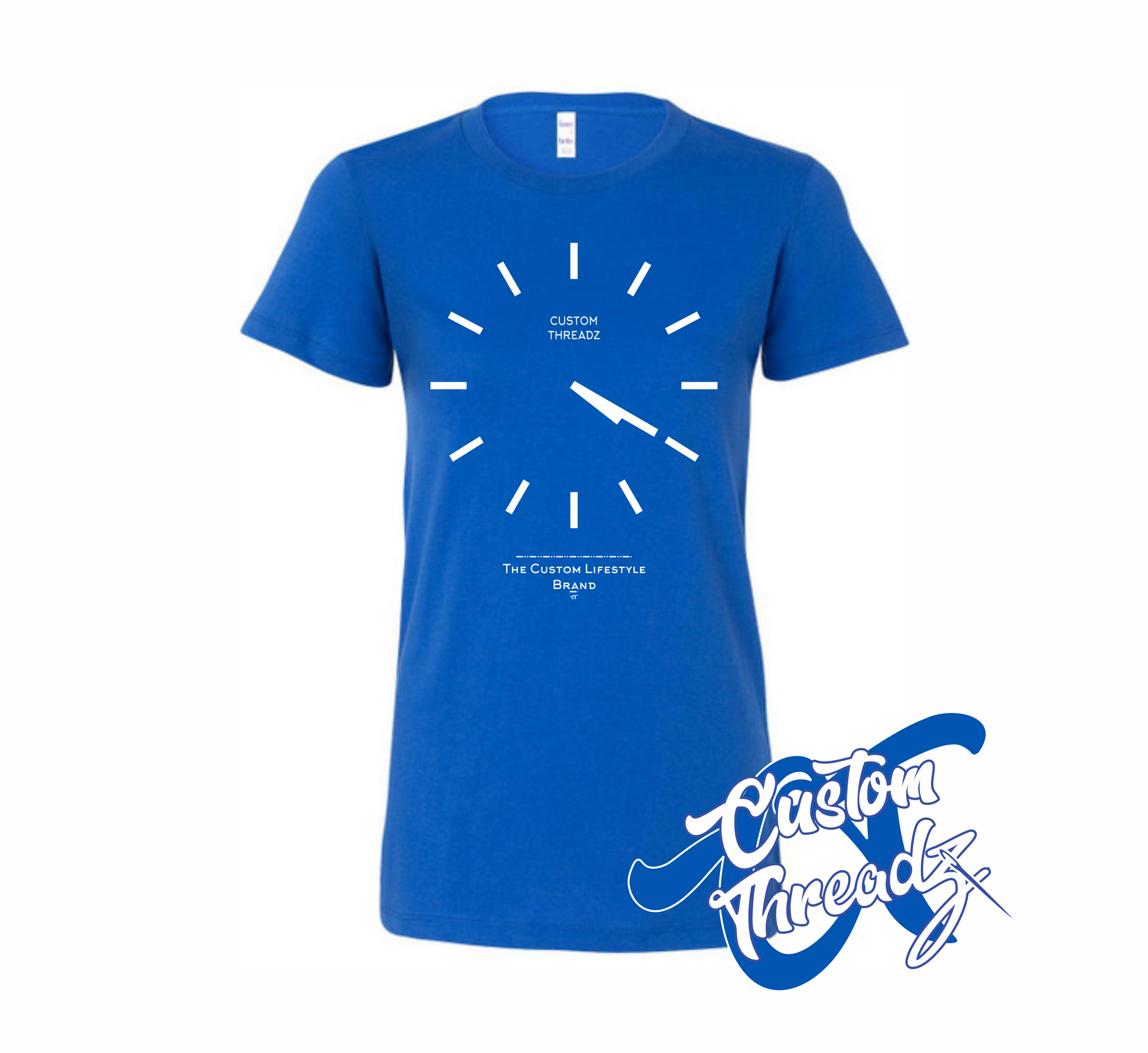 royal blue womens tee with basic analog clock set to 4 20 DTG printed design