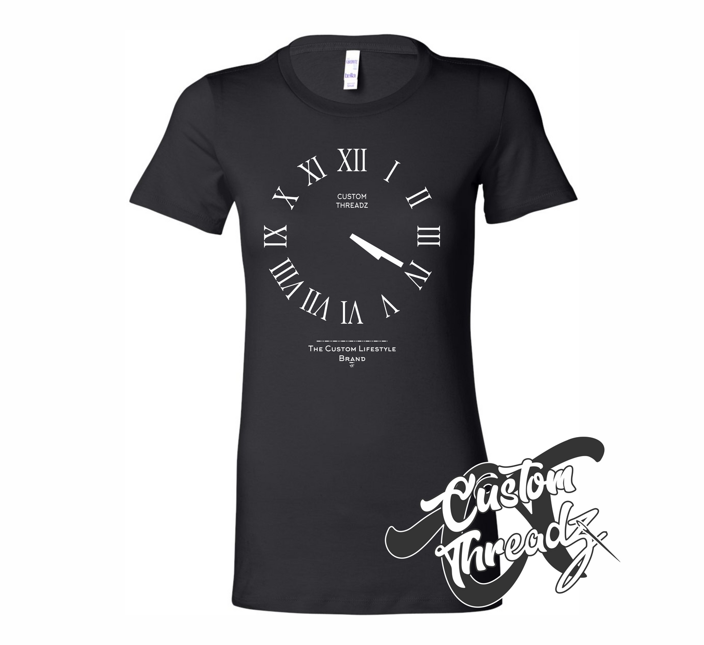 black womens tee with roman analog clock set to 4 20 DTG printed design