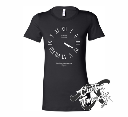 black womens tee with roman analog clock set to 4 20 DTG printed design