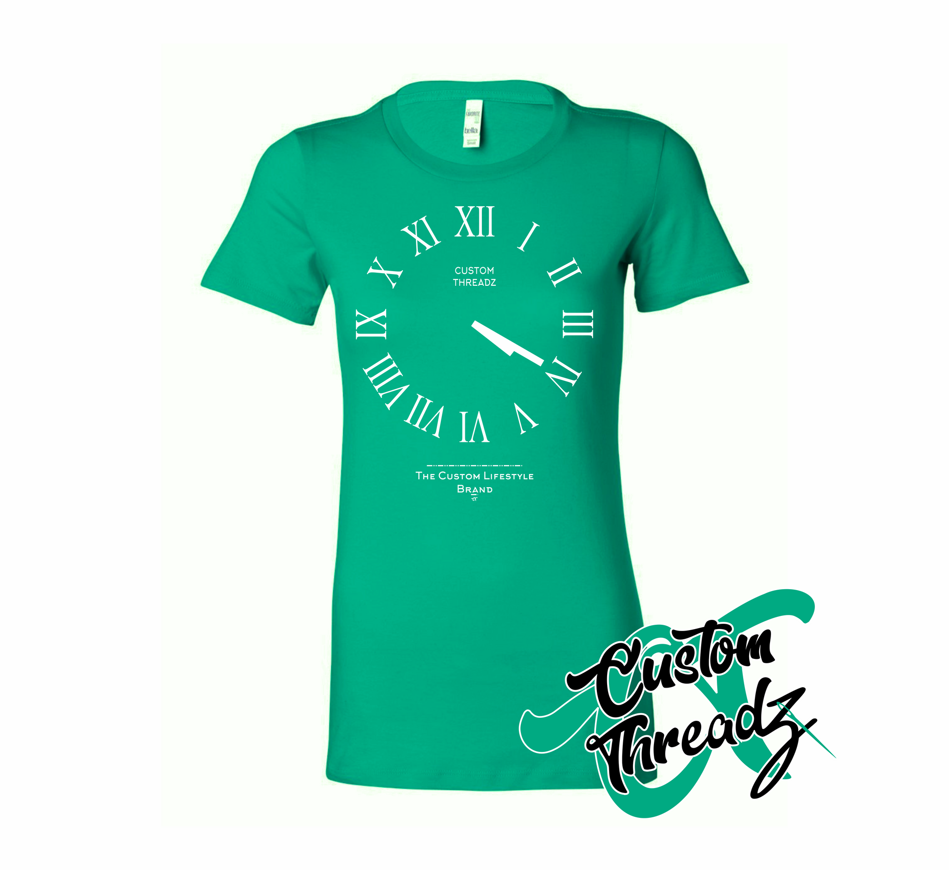 green womens tee with roman analog clock set to 4 20 DTG printed design