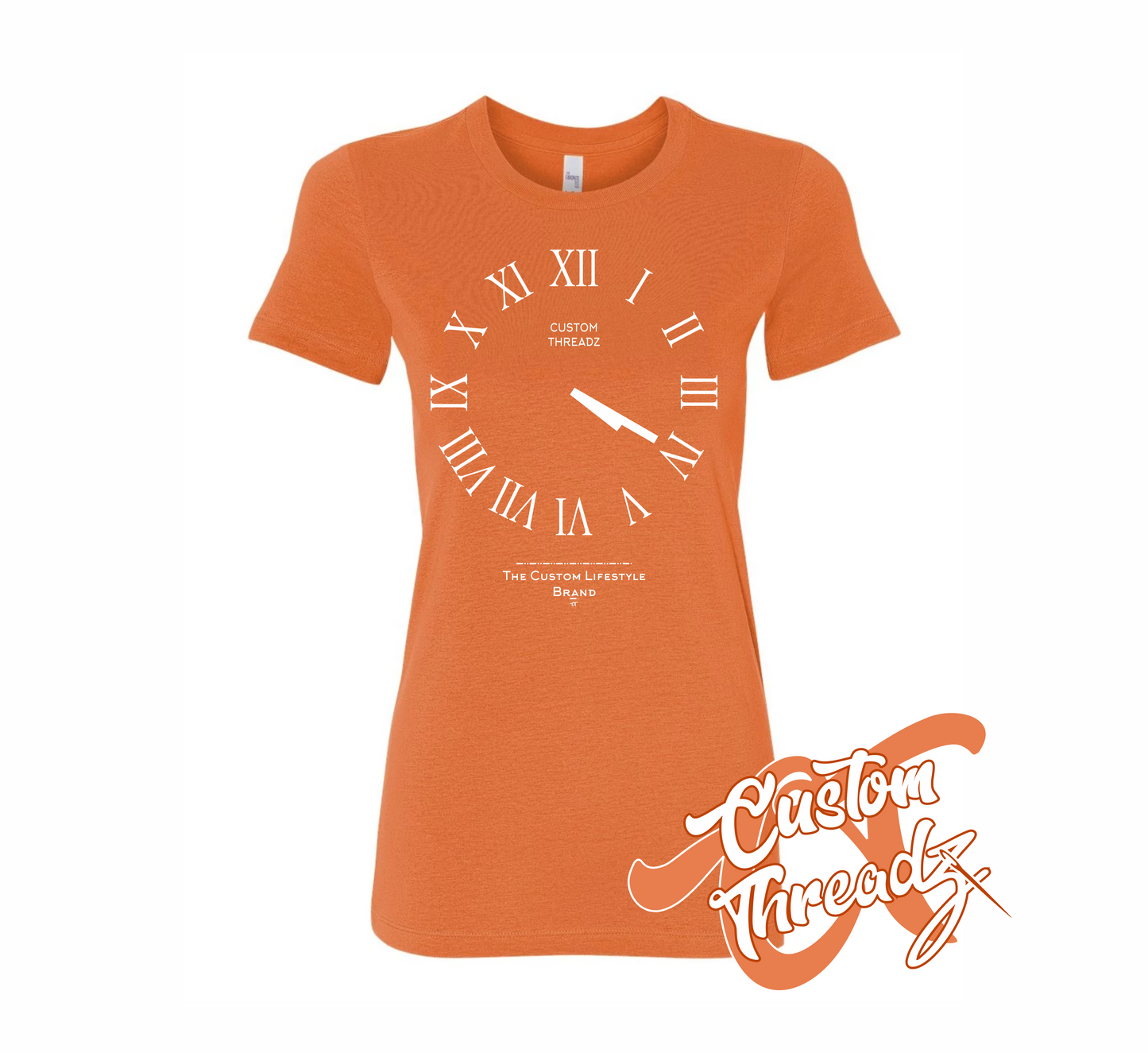 orange womens tee with roman analog clock set to 4 20 DTG printed design