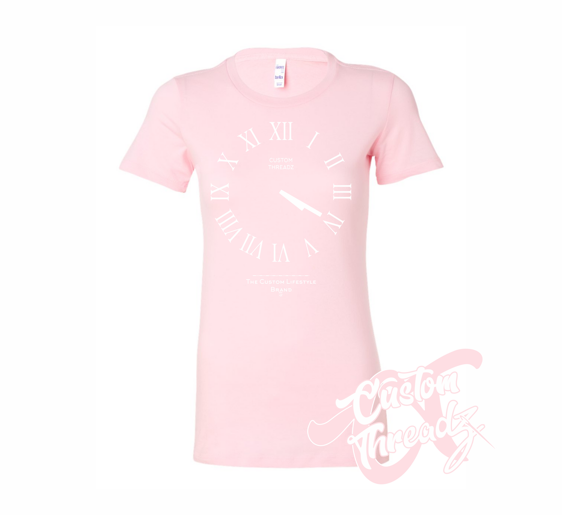 pink womens tee with roman analog clock set to 4 20 DTG printed design