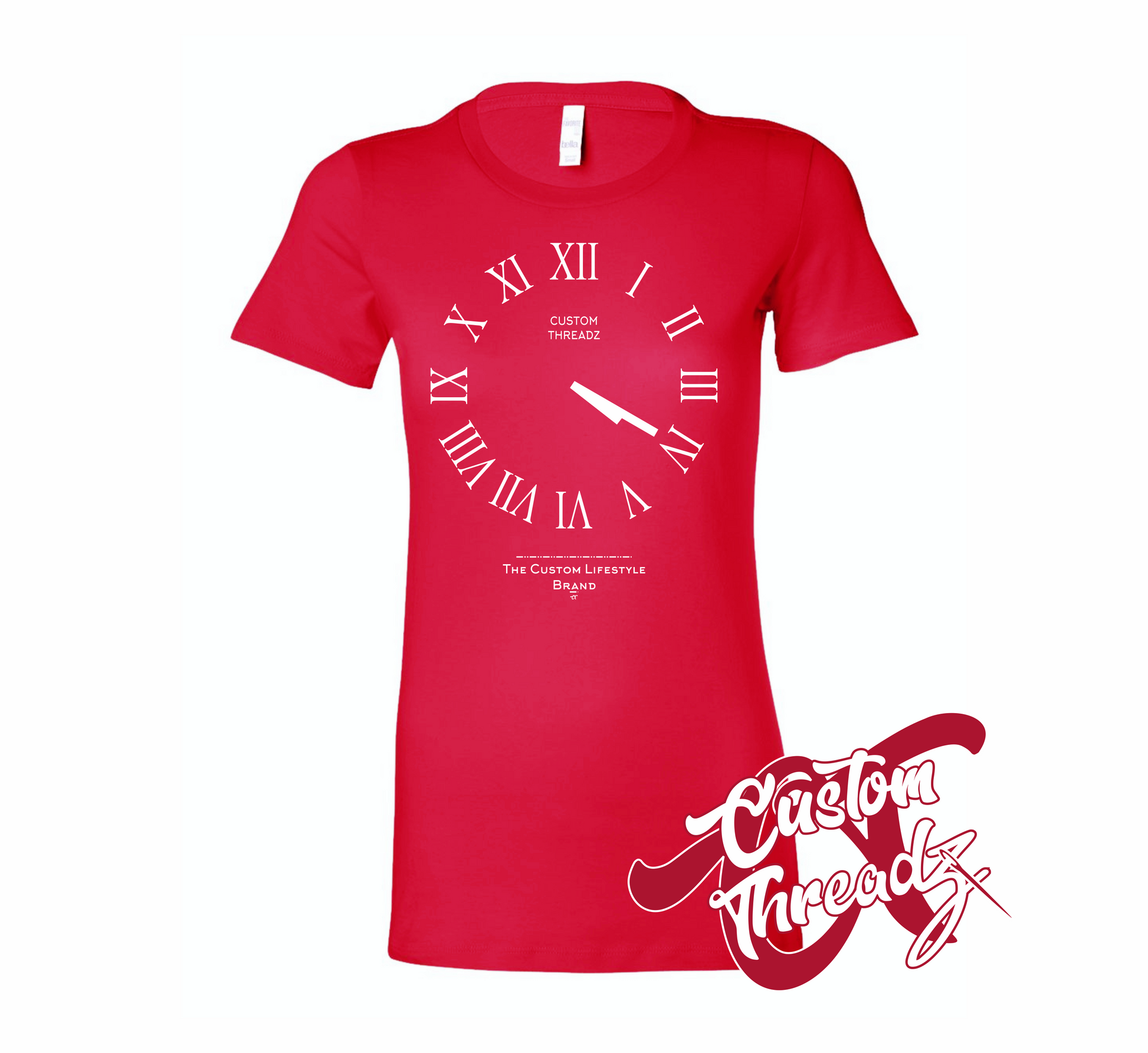 red womens tee with roman analog clock set to 4 20 DTG printed design