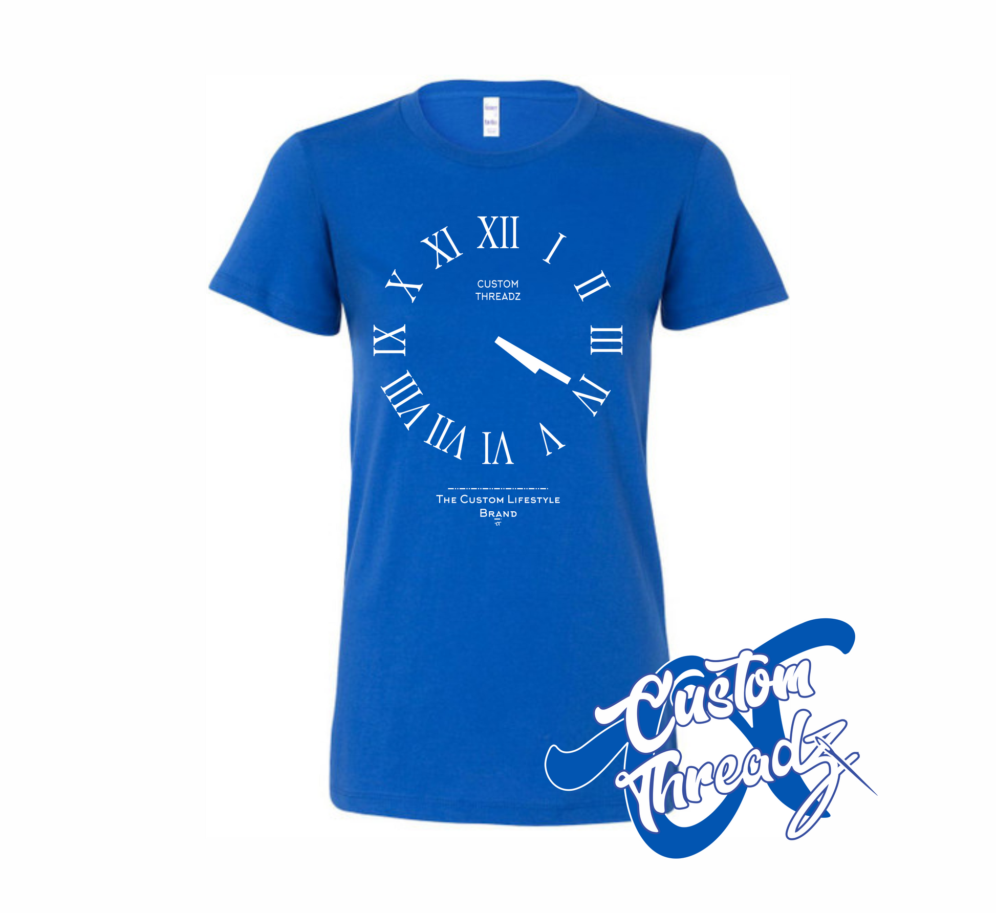 royal blue womens tee with roman analog clock set to 4 20 DTG printed design