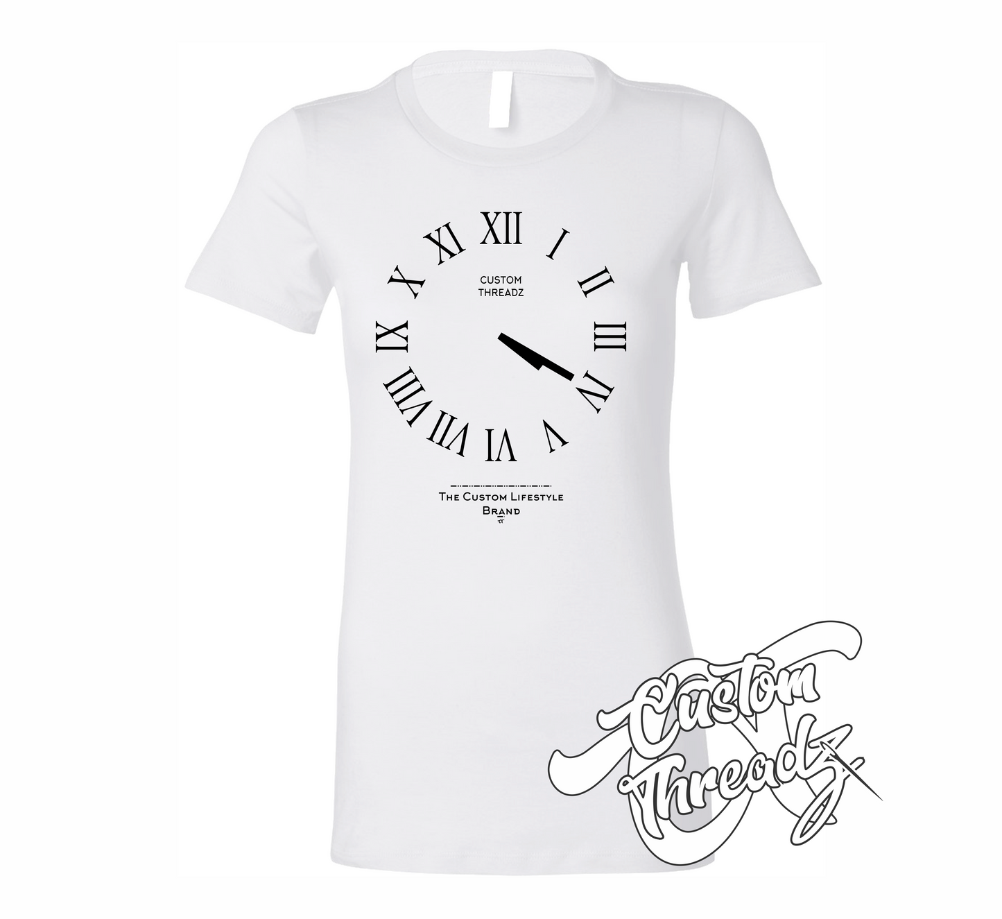 white womens tee with roman analog clock set to 4 20 DTG printed design