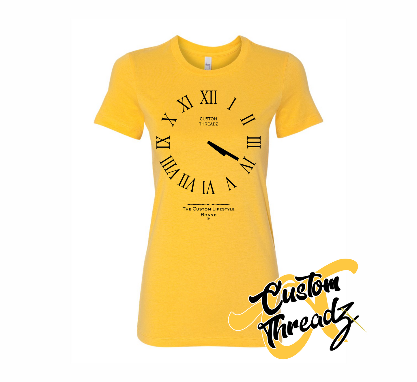 yellow womens tee with roman analog clock set to 4 20 DTG printed design