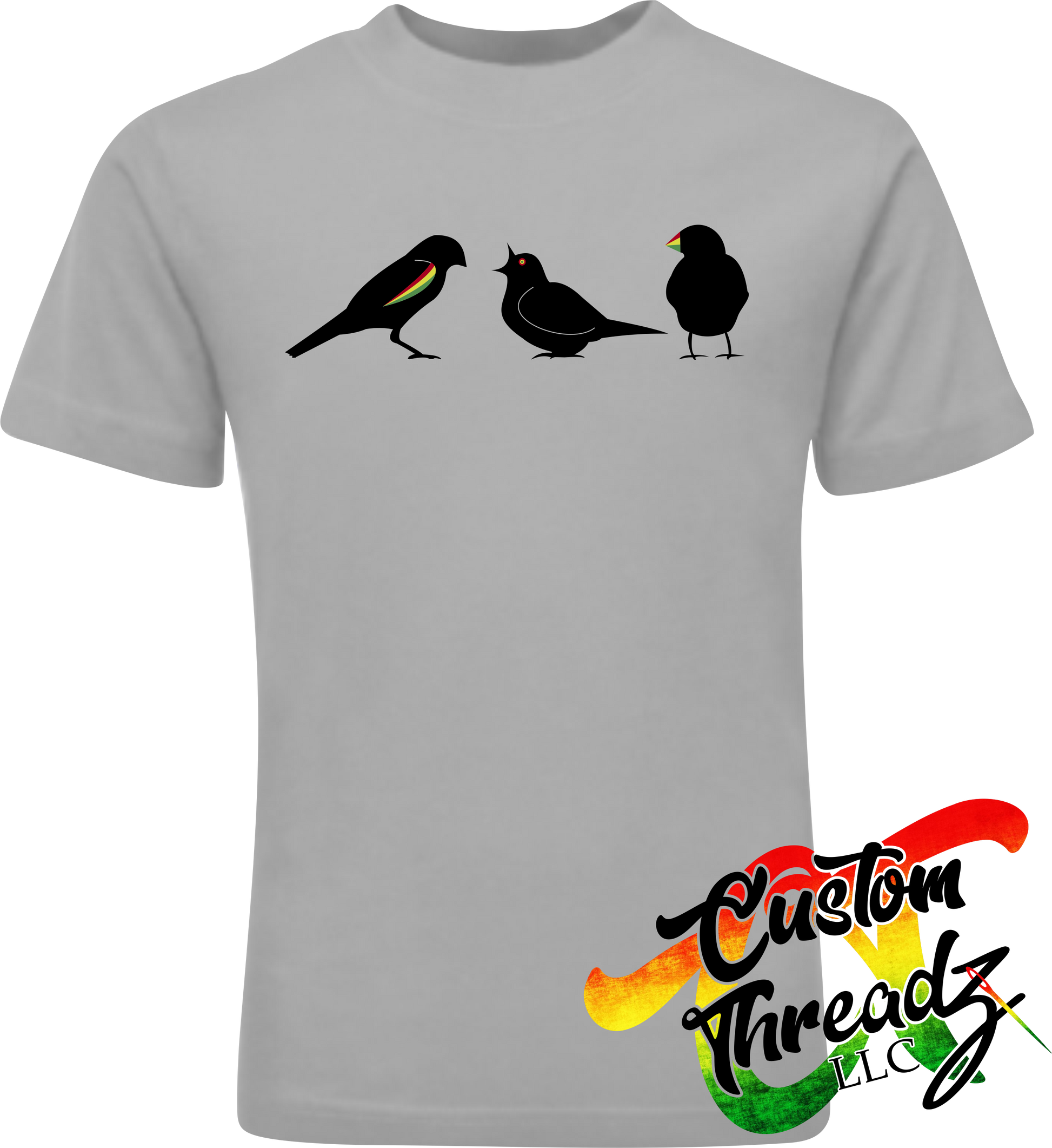 silver tee with three little birds DTG printed design