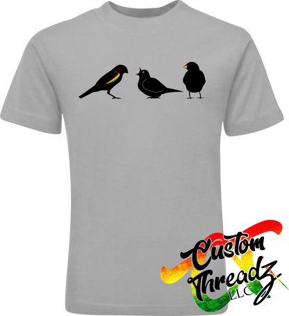 silver tee with three little birds DTG printed design