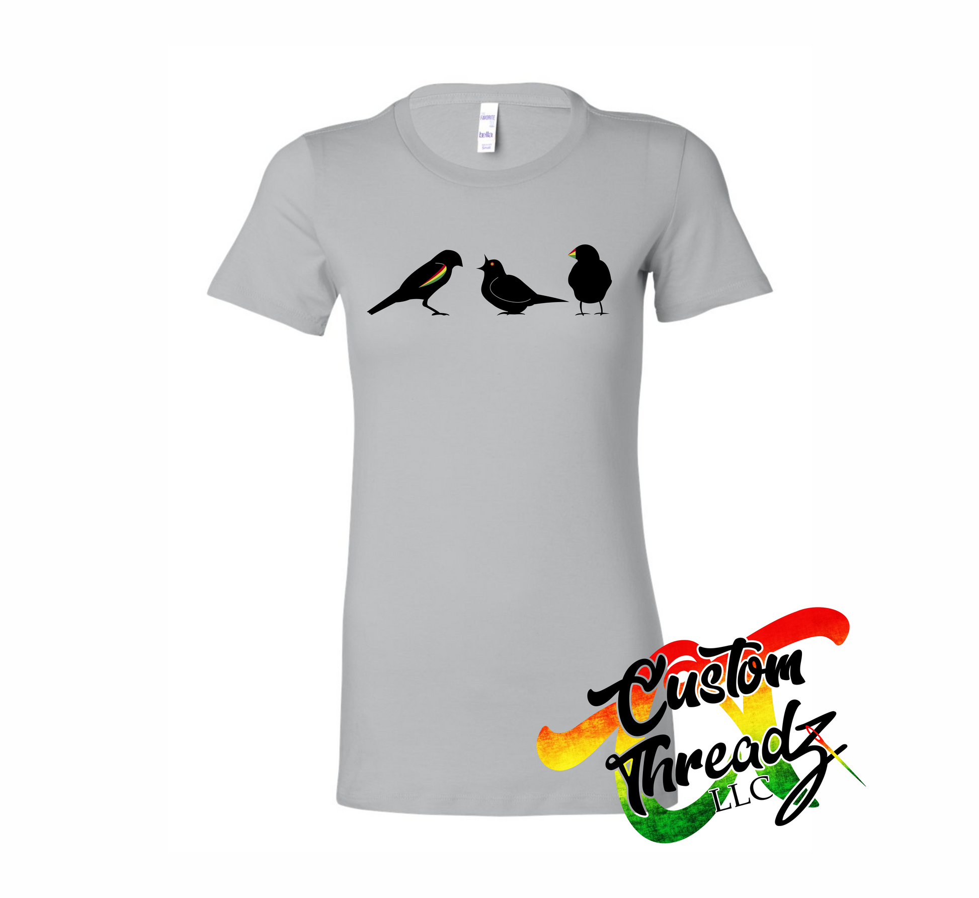 silver grey womens tee with three little birds DTG printed design