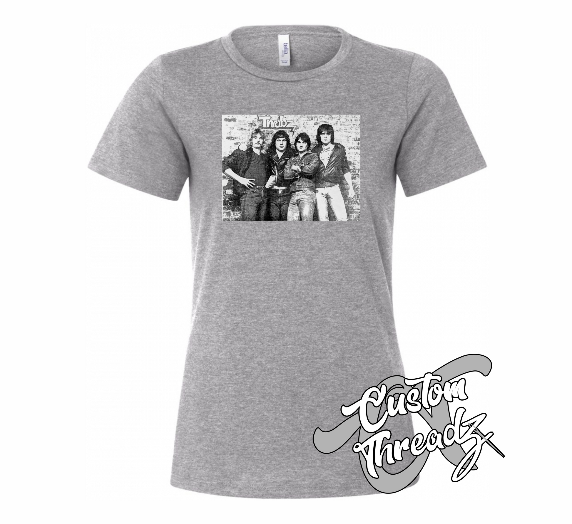 womens heather grey tee with the throbz 80s band cover tee DTG printed design