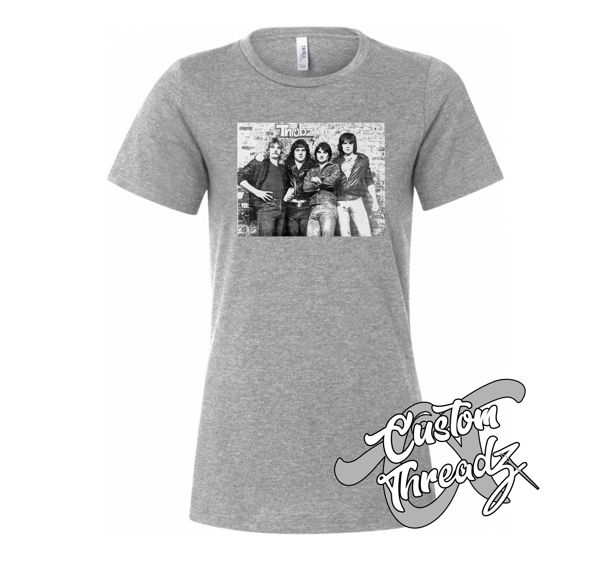 heather grey womens tee with the throbz 80s band cover tee DTG printed design