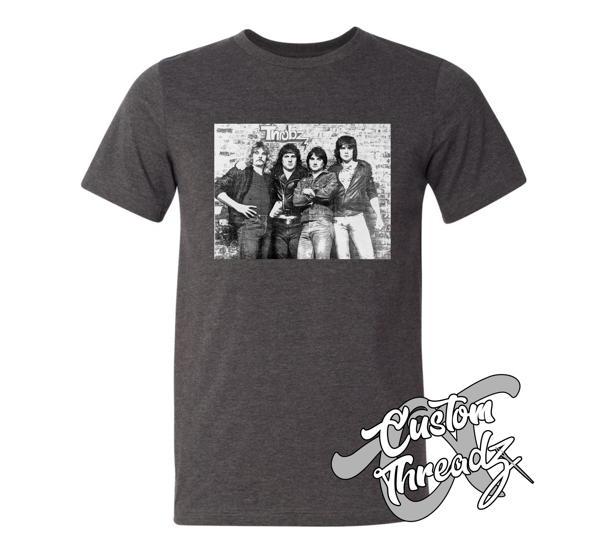dark grey heather tee with the throbz 80s band tee DTG printed design