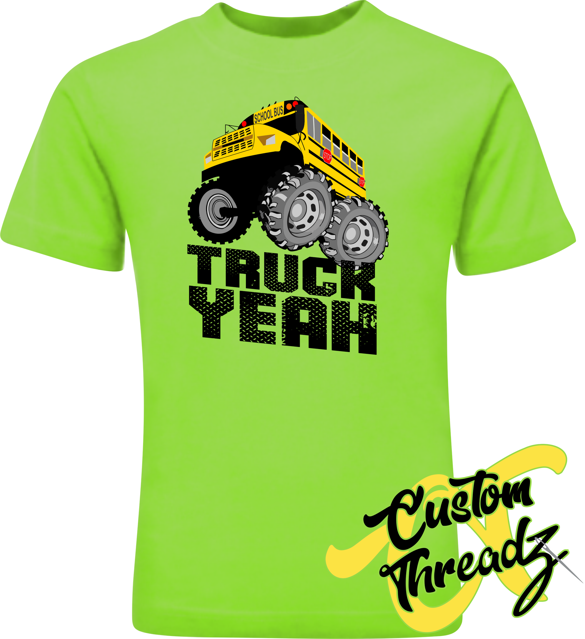 neon green youth tee with truck yeah school bus monster truck DTG printed design
