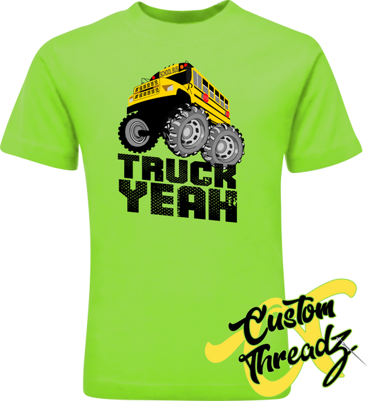 neon green youth tee with truck yeah school bus monster truck DTG printed design