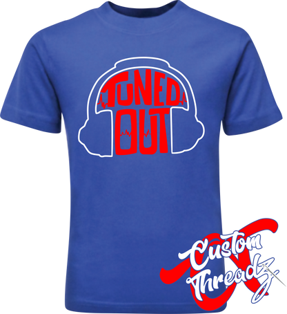 royal blue tee with tuned out headphones DTG printed design
