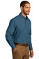 model wearing port authority long sleeve carefree poplin shirt in dusty blue
