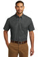 model wearing port authority carefree poplin shirt in graphite grey