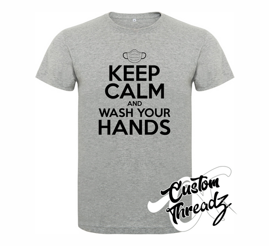 athletic heather grey tee with keep calm and wash your hands DTG printed design