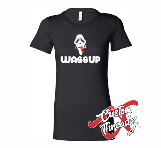 black womens tee with halloween scream wassup ghostface mask DTG printed design