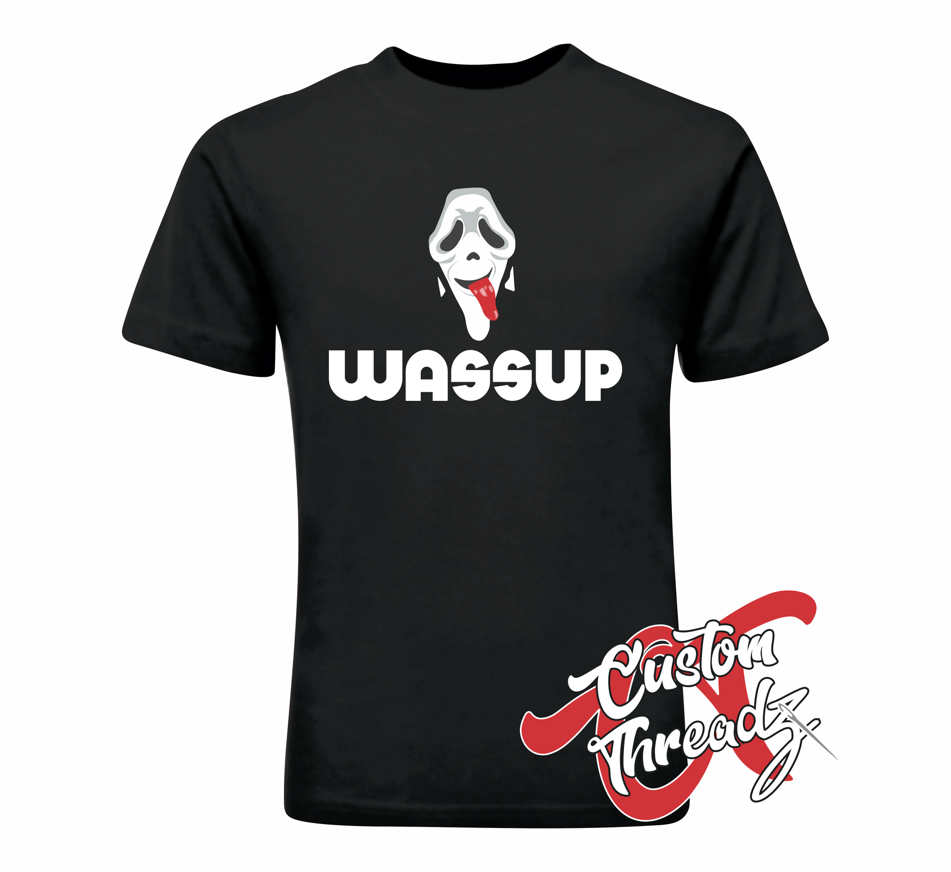 black tee with wassup scream ghostface mask DTG printed design