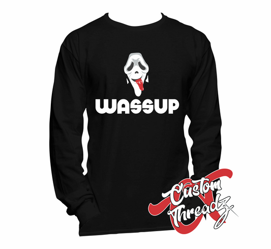 black long sleeve tee with wassup scream ghostface mask DTG printed design