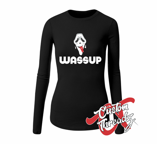 black womens long sleeve tee with halloween scream wassup ghostface mask DTG printed design