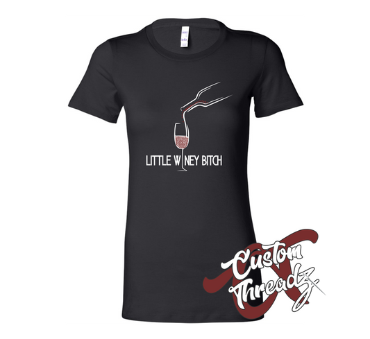 black womens tee with little winey bitch wine bottle DTG printed design