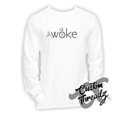 white long sleeve t-shirt with A-Woke DTG printed design