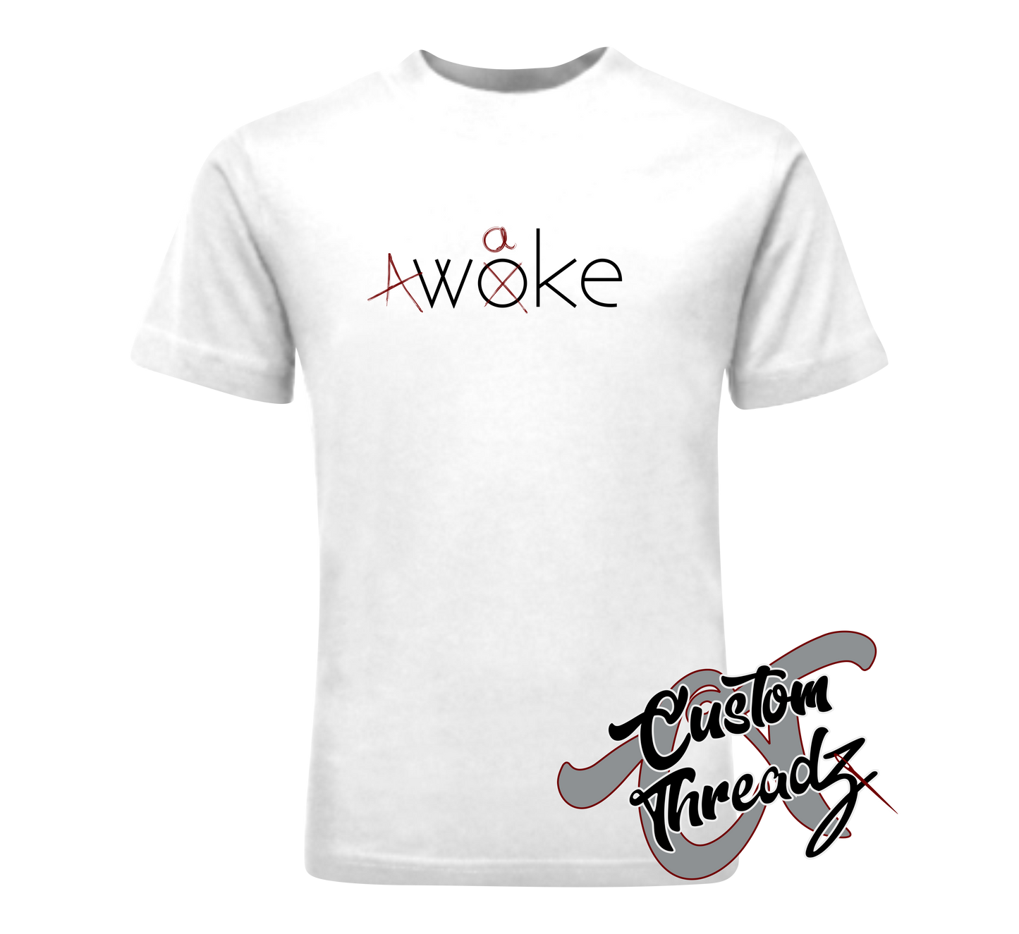 white t-shirt with A-Woke DTG printed design