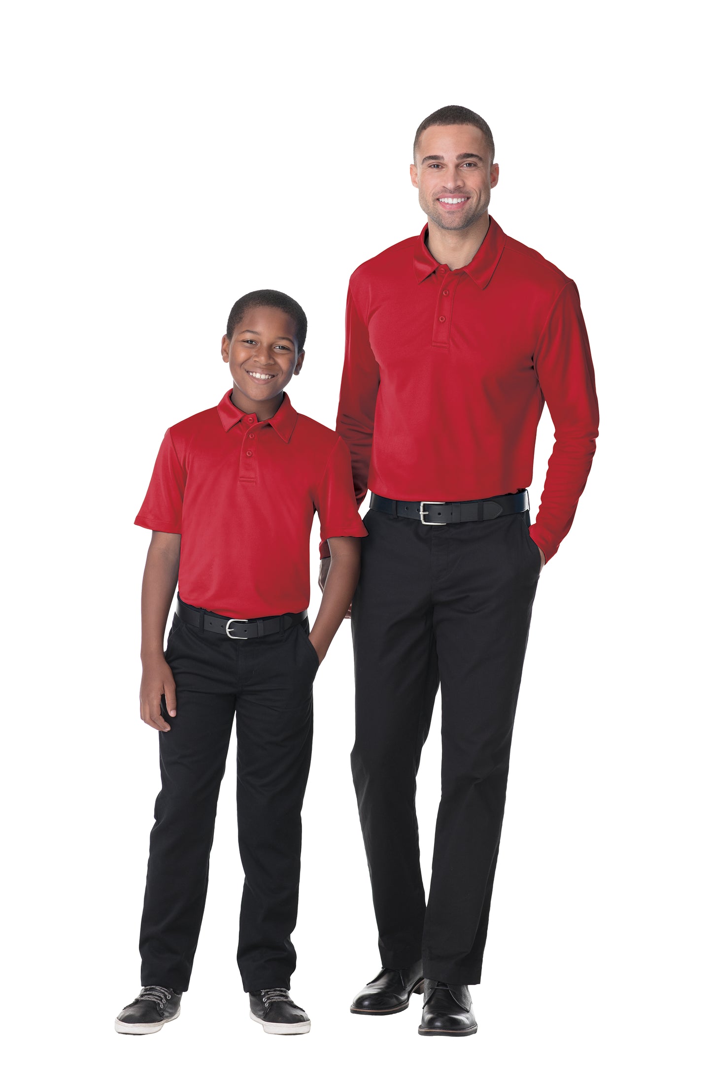child and male models in port authority youth silk touch performance polo in red