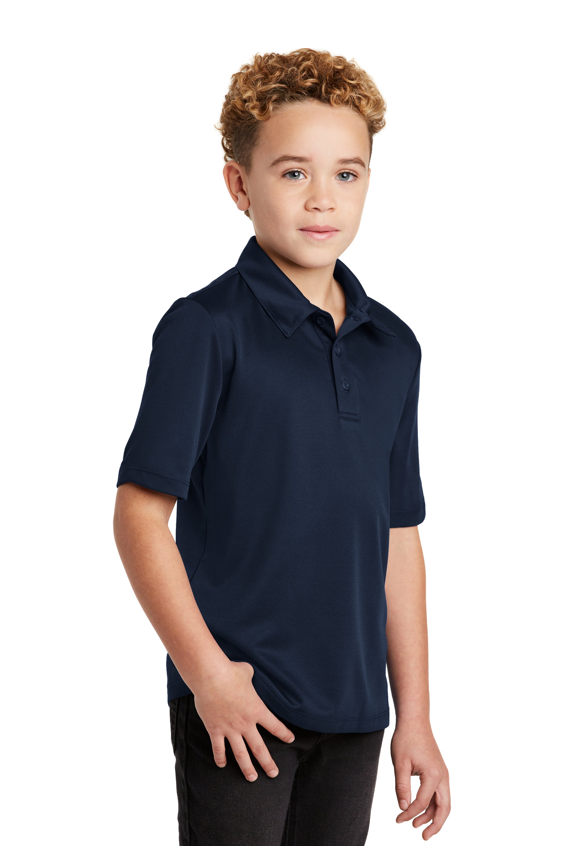 child model wearing port authority youth silk touch performance polo in navy