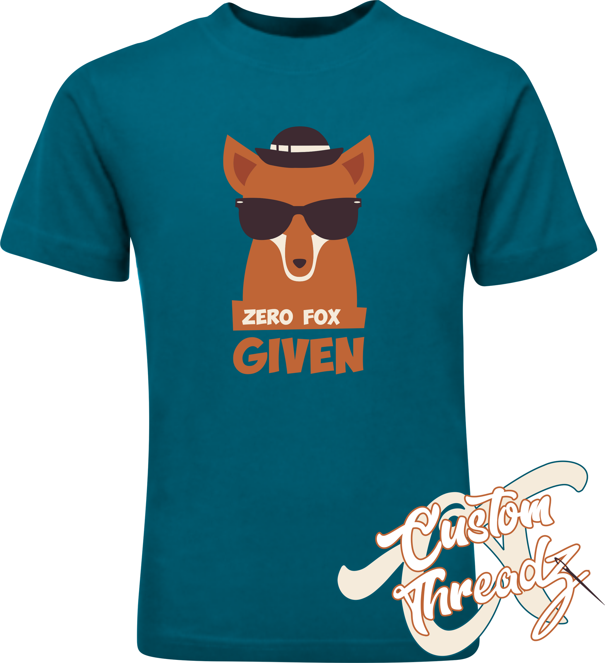 teal youth tee with zero fox given fox in sunglasses DTG printed design