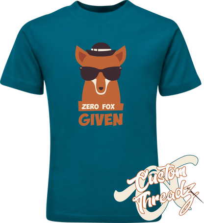 teal youth tee with zero fox given fox in sunglasses DTG printed design